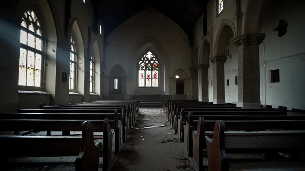 an empty church with pews and stained glass windows