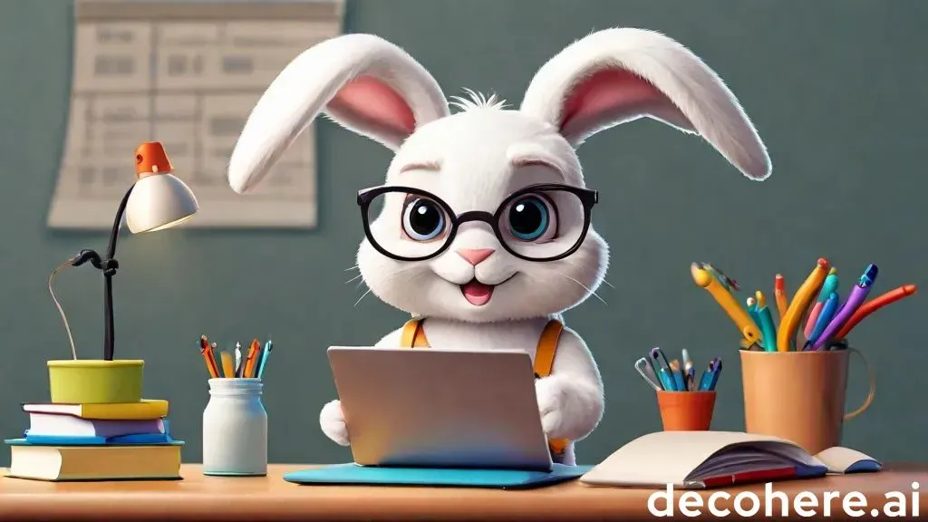 a white animated rabbit wearing glasses sitting at a desk with a laptop