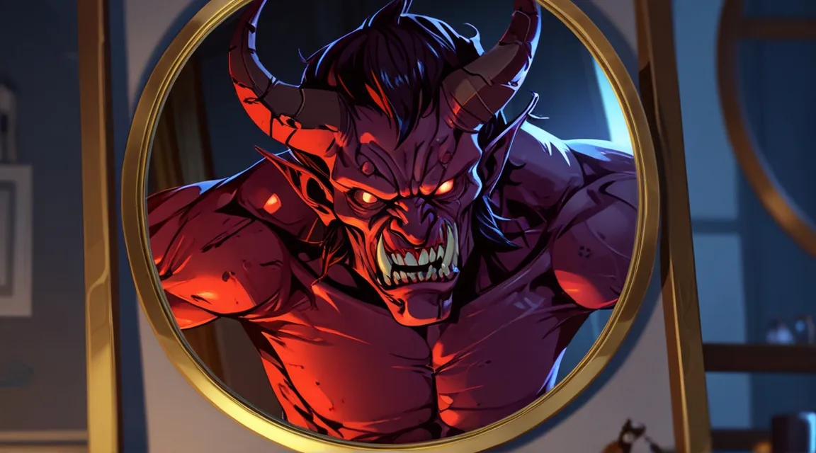 a demonic looking demon is reflected in a mirror