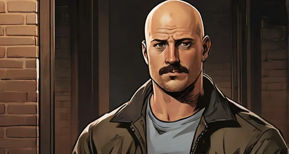 a man with a bald head and a mustache