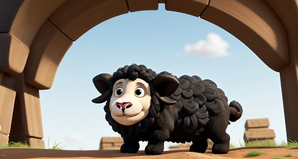 a cartoon sheep standing in front of a stone arch