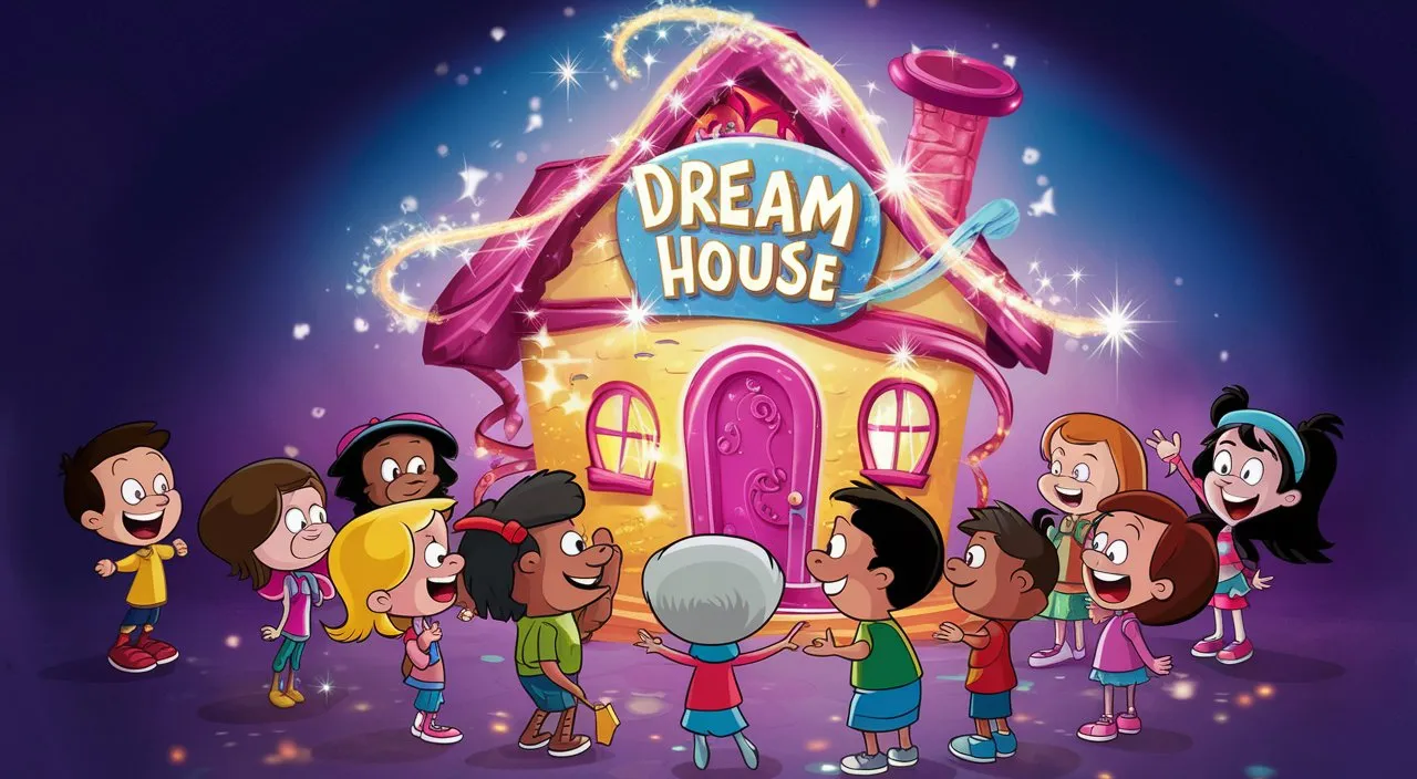 a group of children standing in front of the  Dreams House, cartoon style, Disney style 