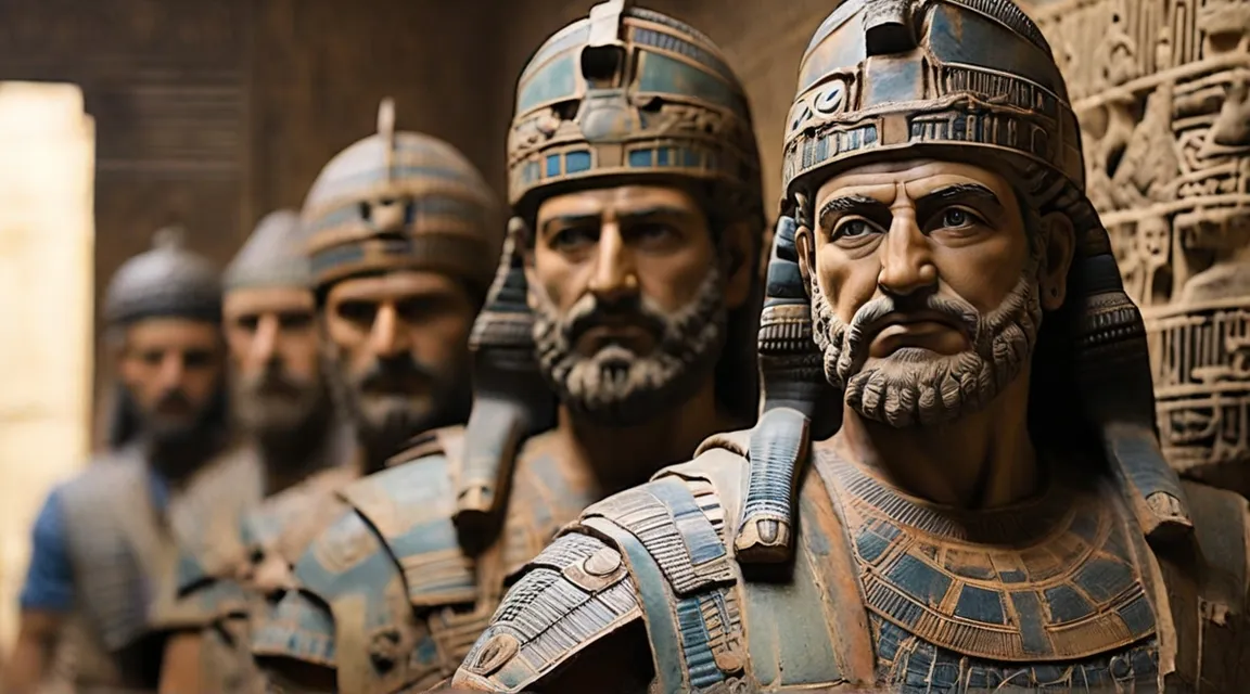 a group of statues of men wearing helmets