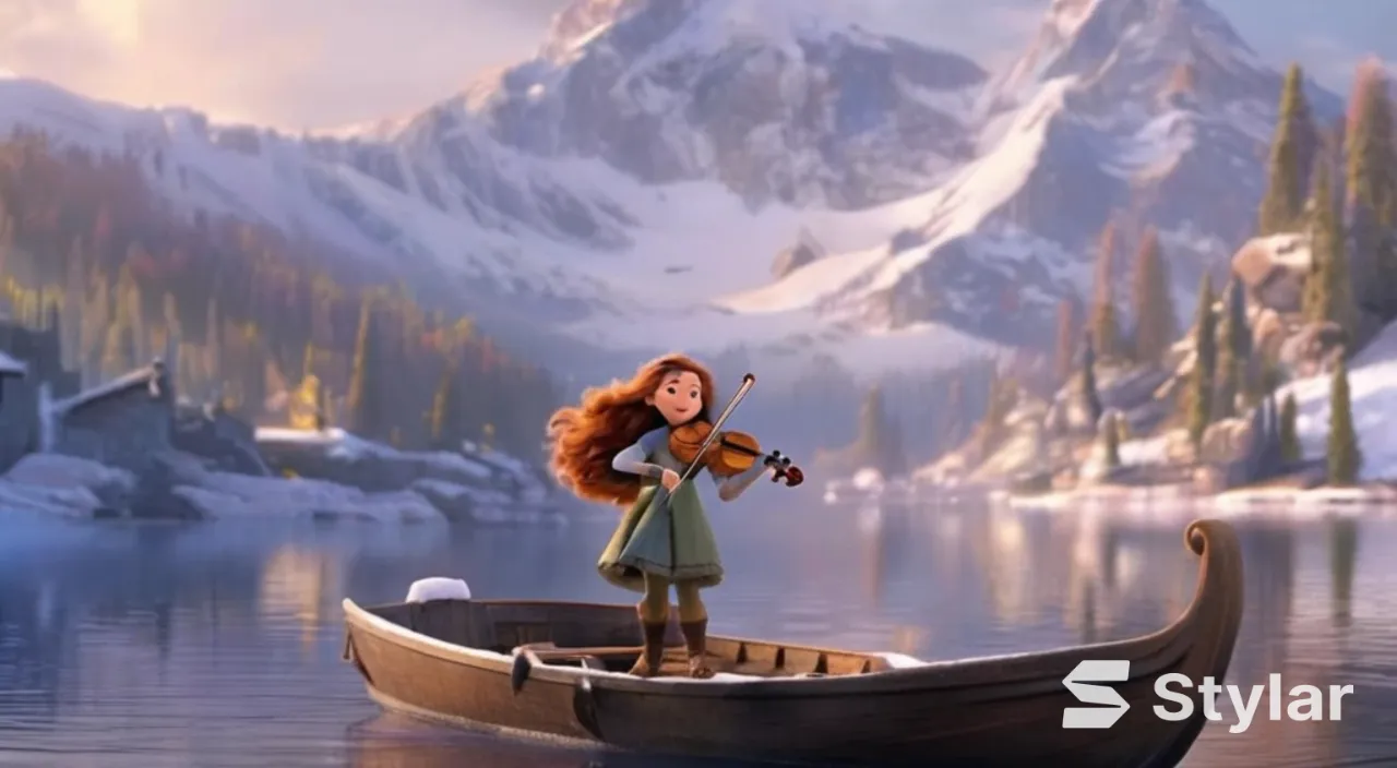 A young and beautiful girl with long hair, the girl smiles, the girl plays the violin while standing on a boat in a large lake, surrounded by snow-capped mountains