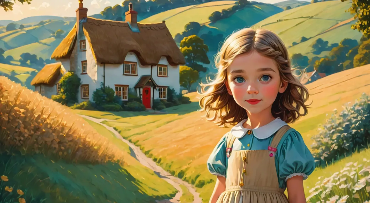 a painting of a little girl standing in front of a house