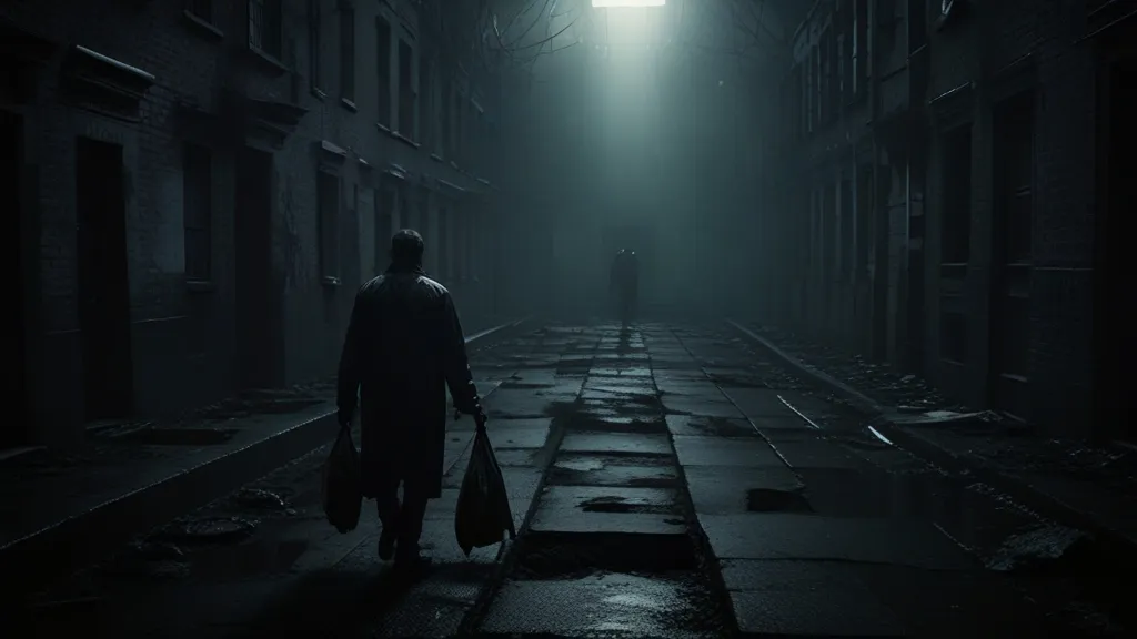 a man walking down a dark street at night