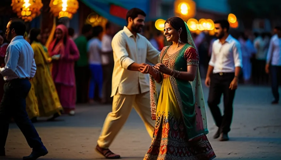 Emotions: Joyful celebration, shared laughter, carefree atmosphere.
Description: The couple dances amidst a vibrant Pakistani street festival, their bodies swaying to the rhythm of traditional music, colorful lights illuminating their faces as they spin and twirl, their laughter echoing through the lively crowd.