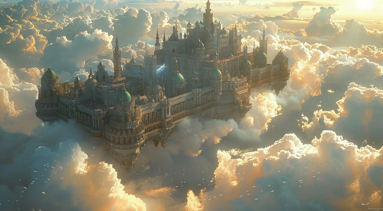 a castle in the sky surrounded by clouds