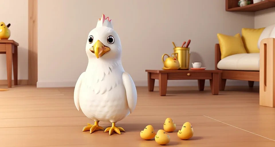 a white chicken standing on a wooden floor next to small yellow rubber ducks