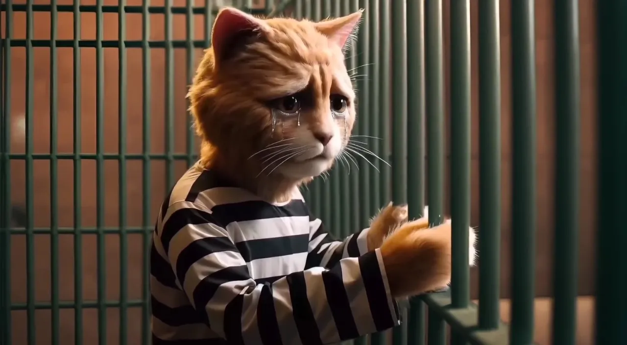 a cat in a jail cell wearing a stripped shirt