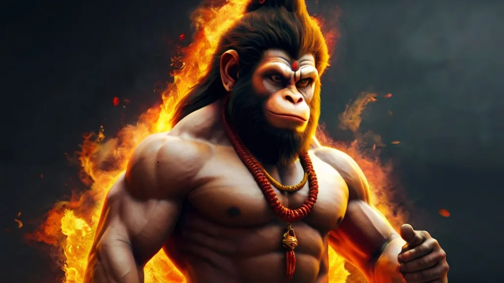 Create a god hanuman with a golden background, 8k, size of 1920x1080, colorful
