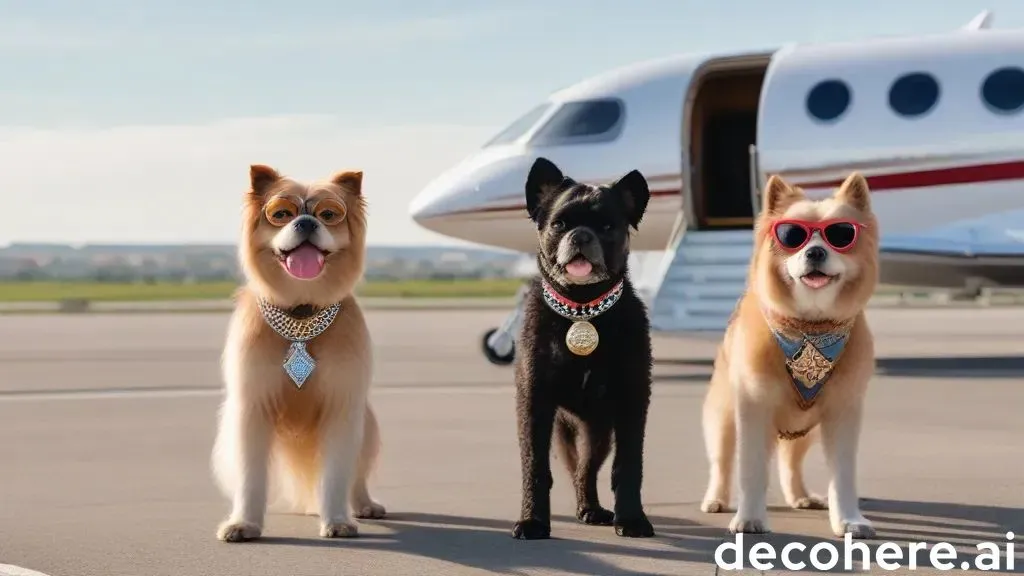 three dogs are standing in front of a plane