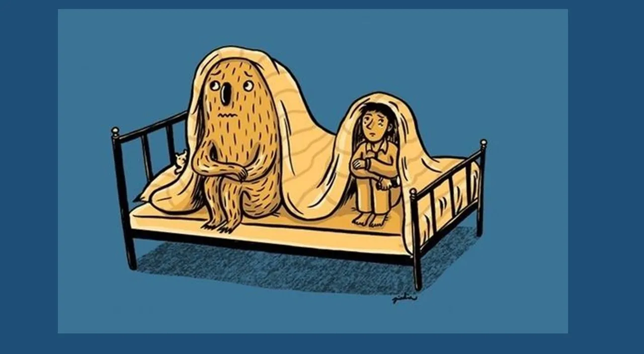 a drawing of a child's bed with a ghost on it