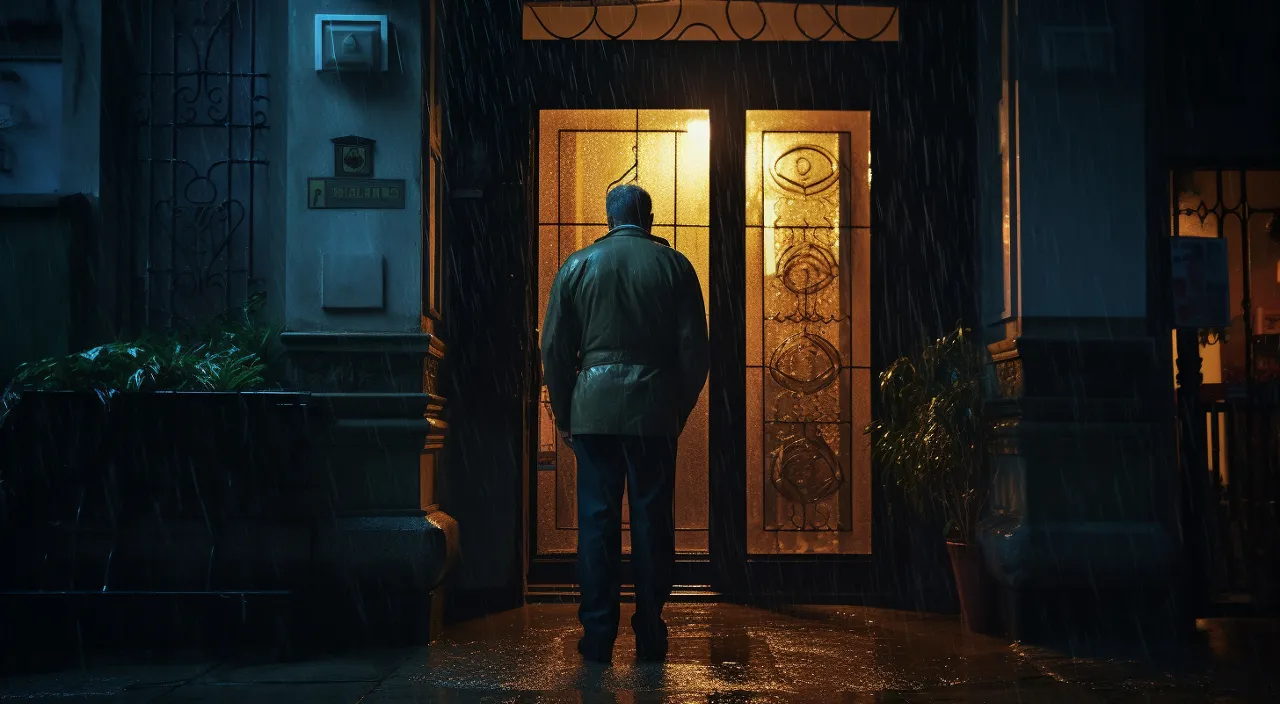 a man standing in front of a doorway at night