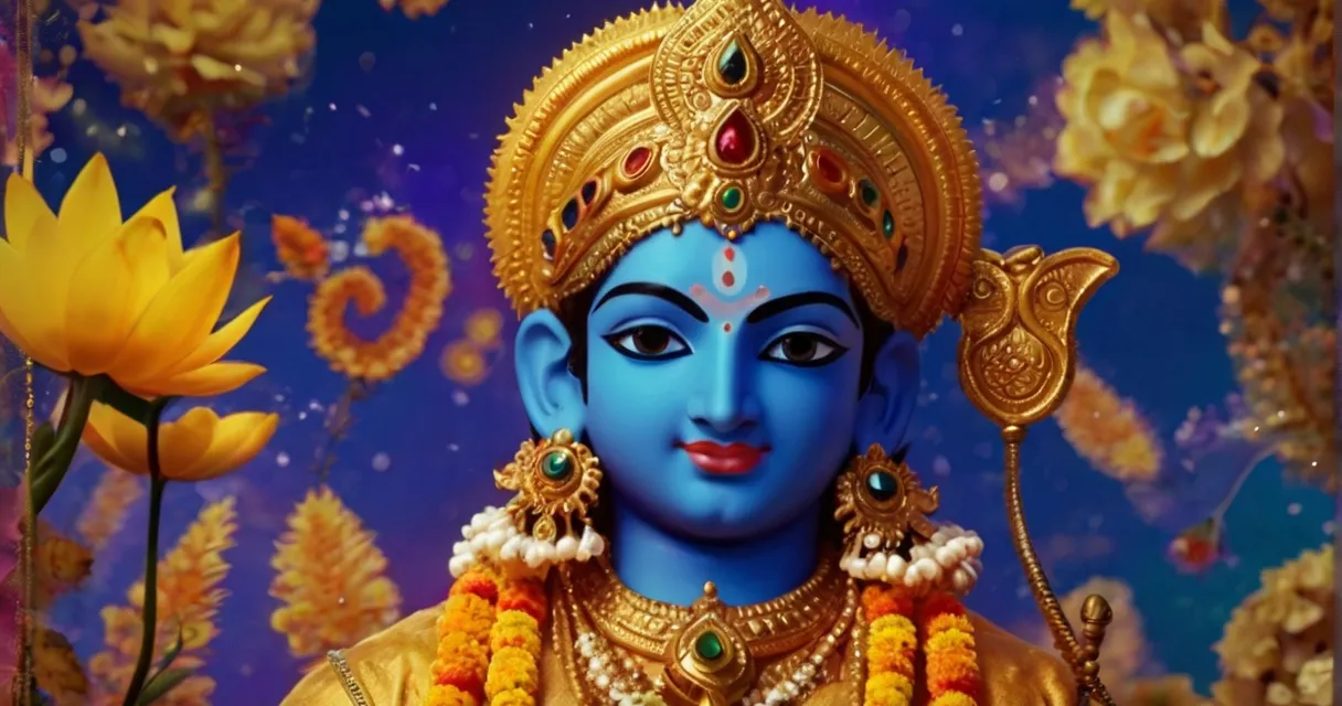 Create a god krishna with a golden background, 8k, size of 1920x1080, colorful