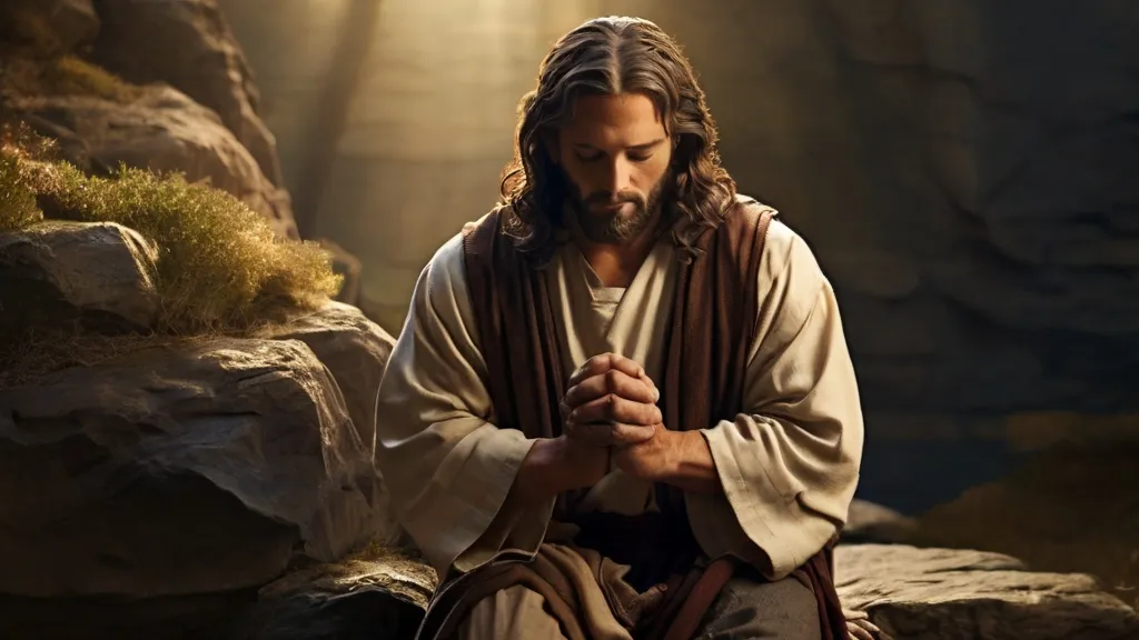 jesus sitting on a rock with his hands folded