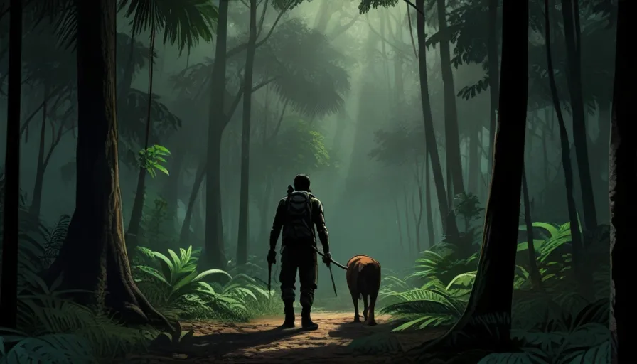 a man and a dog walking through a forest