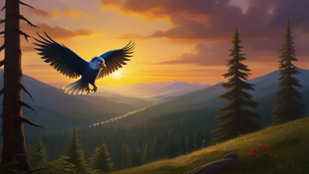 a painting of a bird flying over a forest