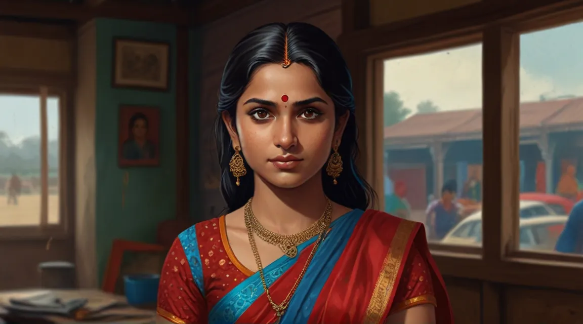 a painting of a woman in a red and blue sari