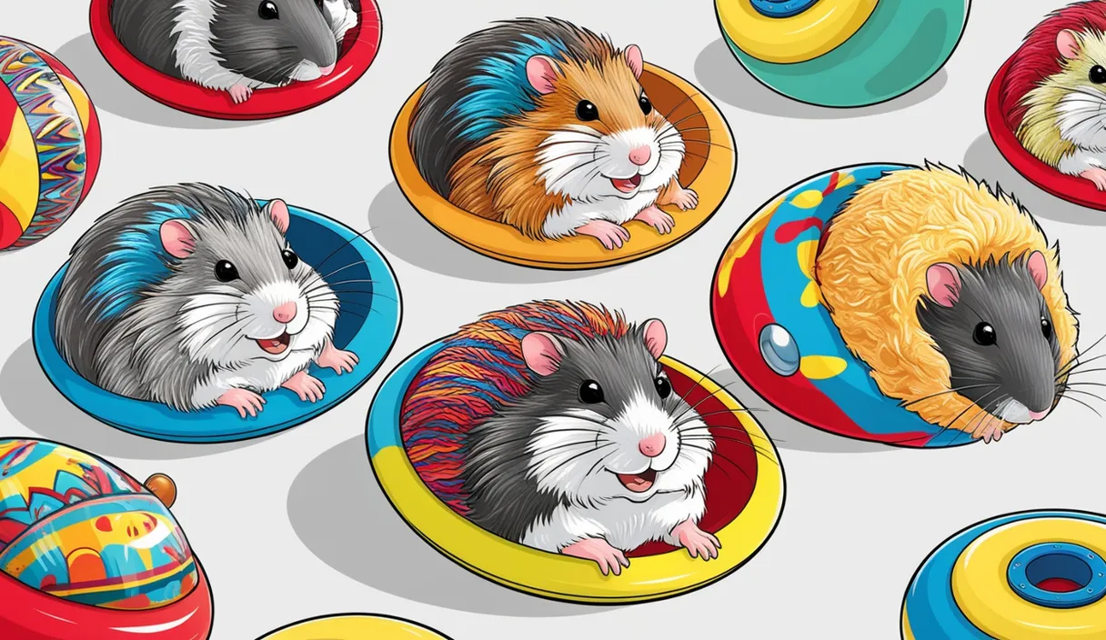 a group of three hamsters sitting on top of colorful balls