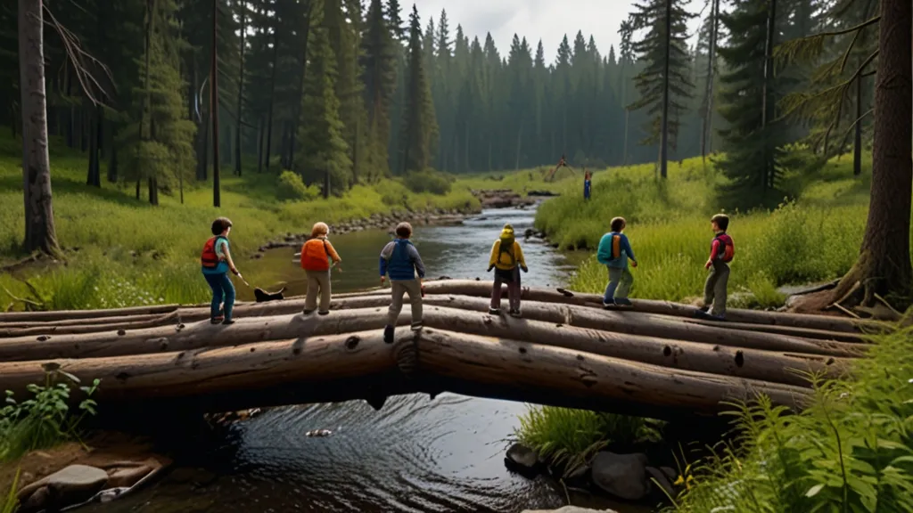 a group of people crossing a wooden bridge over a river