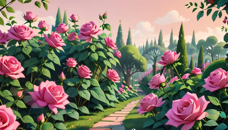 a painting of a garden with pink roses