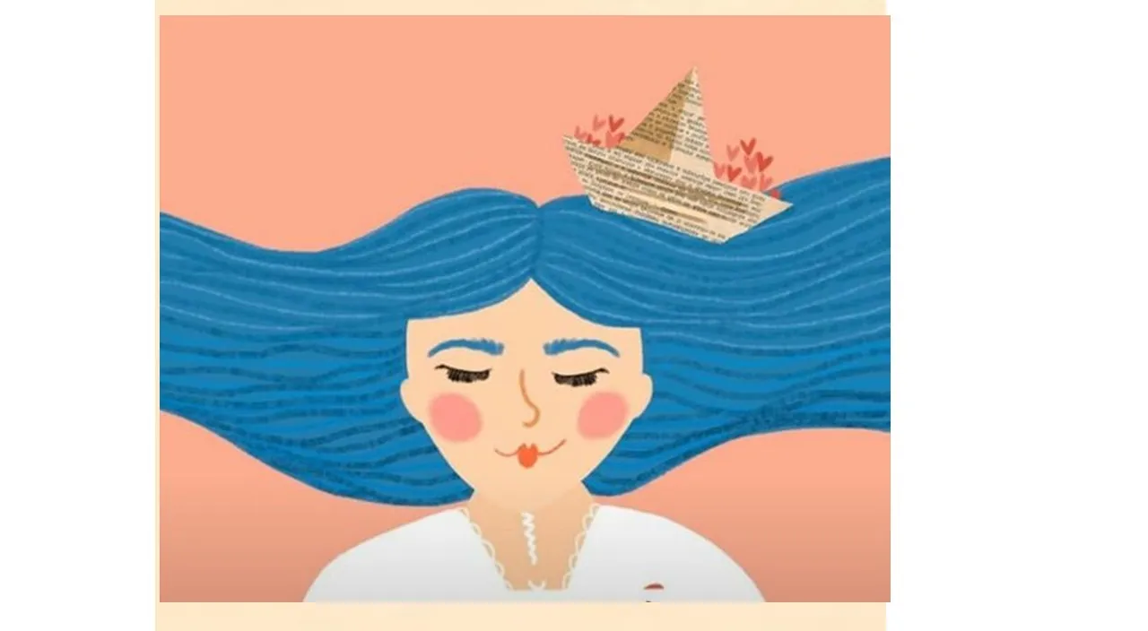 a woman with blue hair and a paper boat browsing on her head