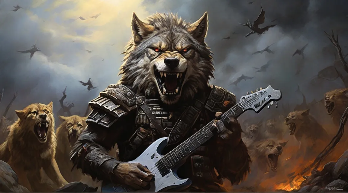 a painting of a wolf playing a guitar,"in the background " The theme of the painting is a pack of humanoid wolves screaming to kill a lion. If you come to us with evil, we can bury you today ". On the battlefield, a badass rock musician plays an electric guitar."