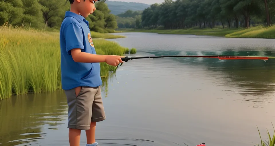 a young boy standing in a lake while holding a fishing rod