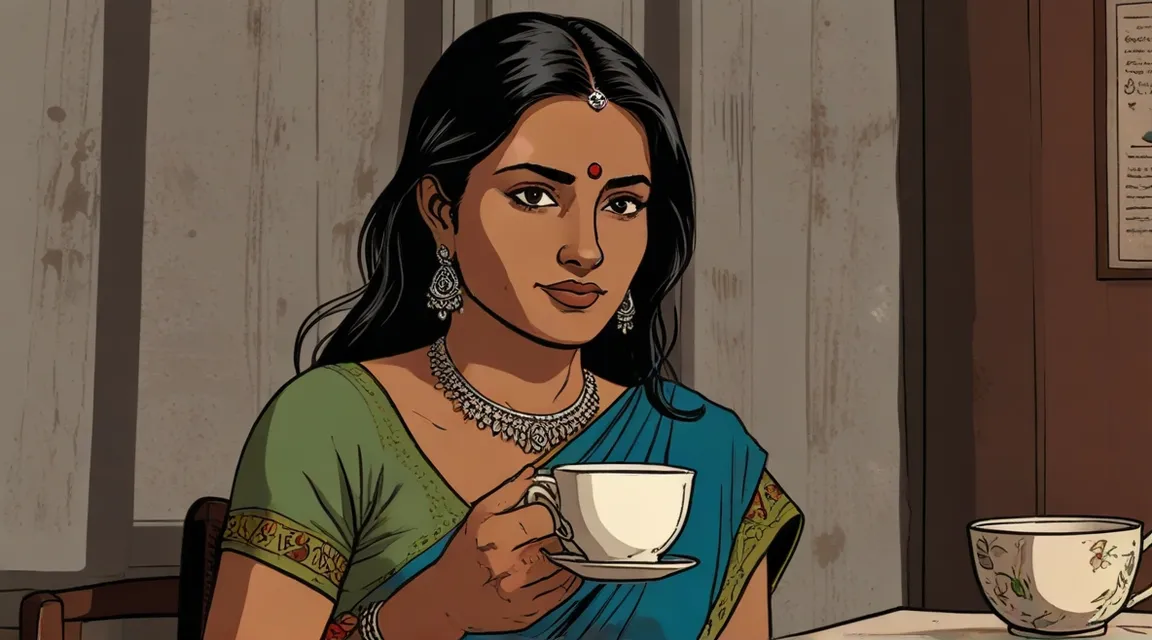 a woman sitting at a table with a cup of coffee