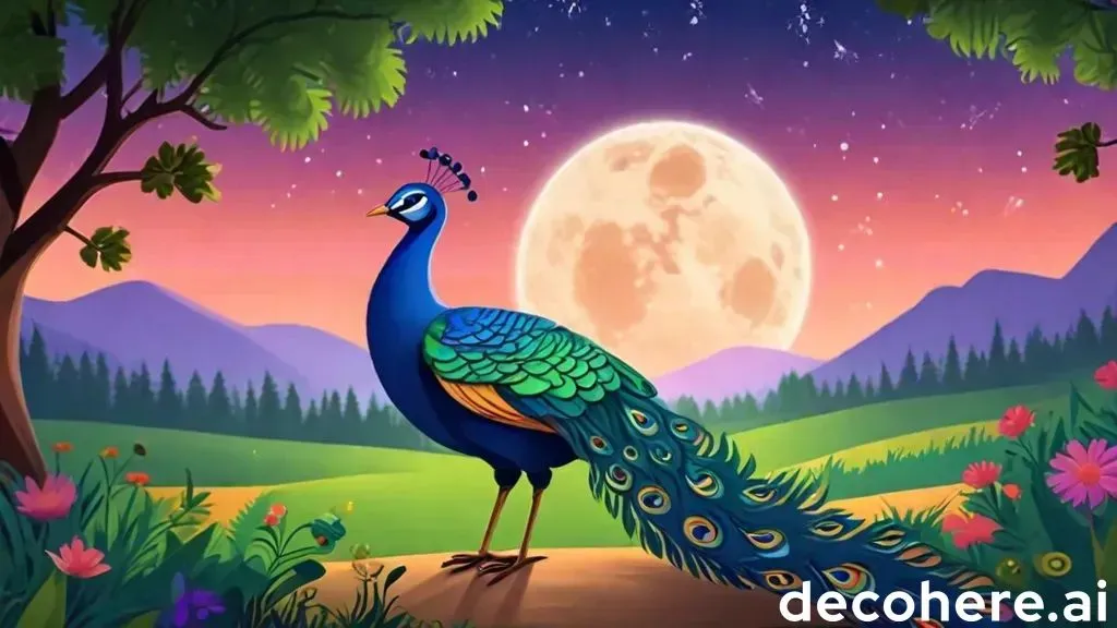 a painting of a peacock standing on a hill