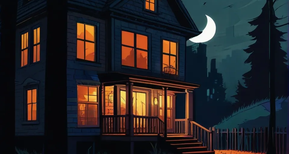 a painting of a house at night with a full moon