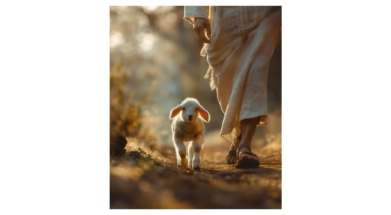 a person walking with a sheep in a field