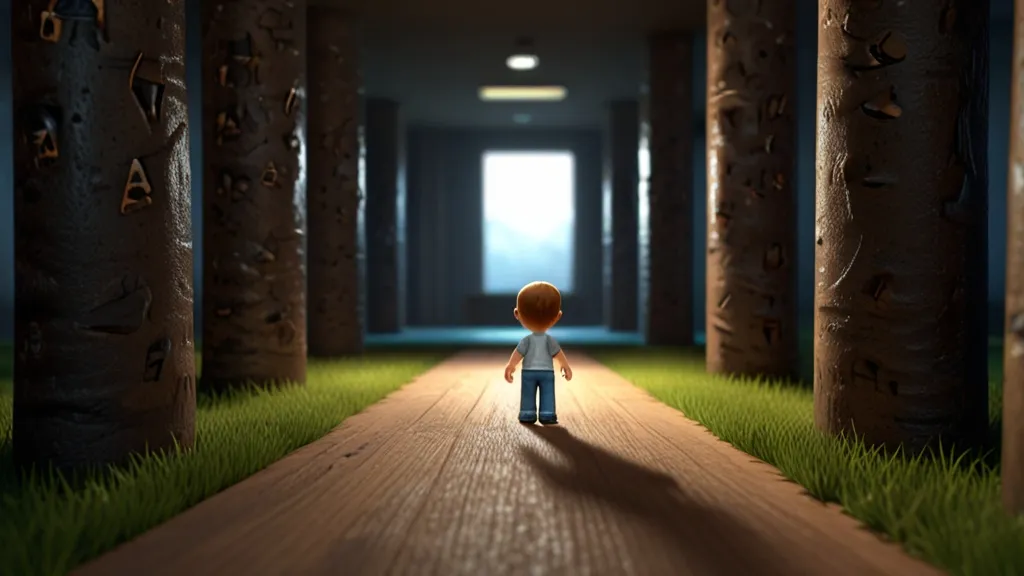 a little boy standing in a hallway between two trees