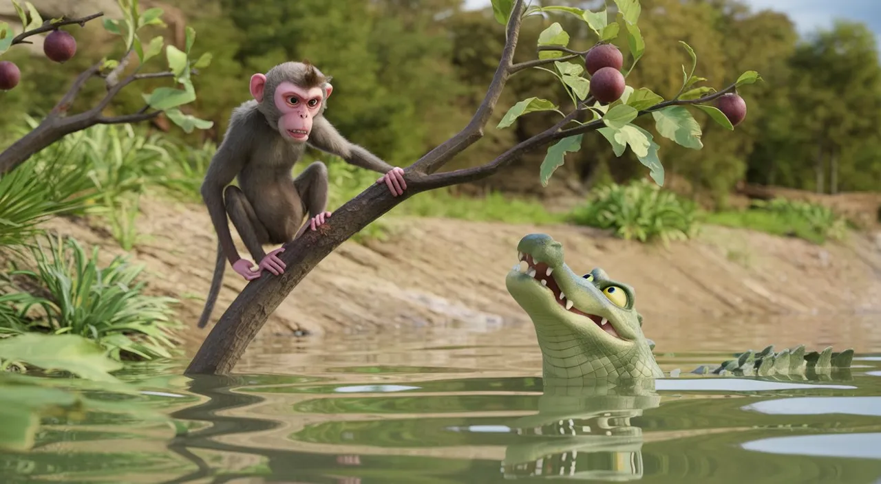 a monkey sitting on a tree branch next to a crocodile