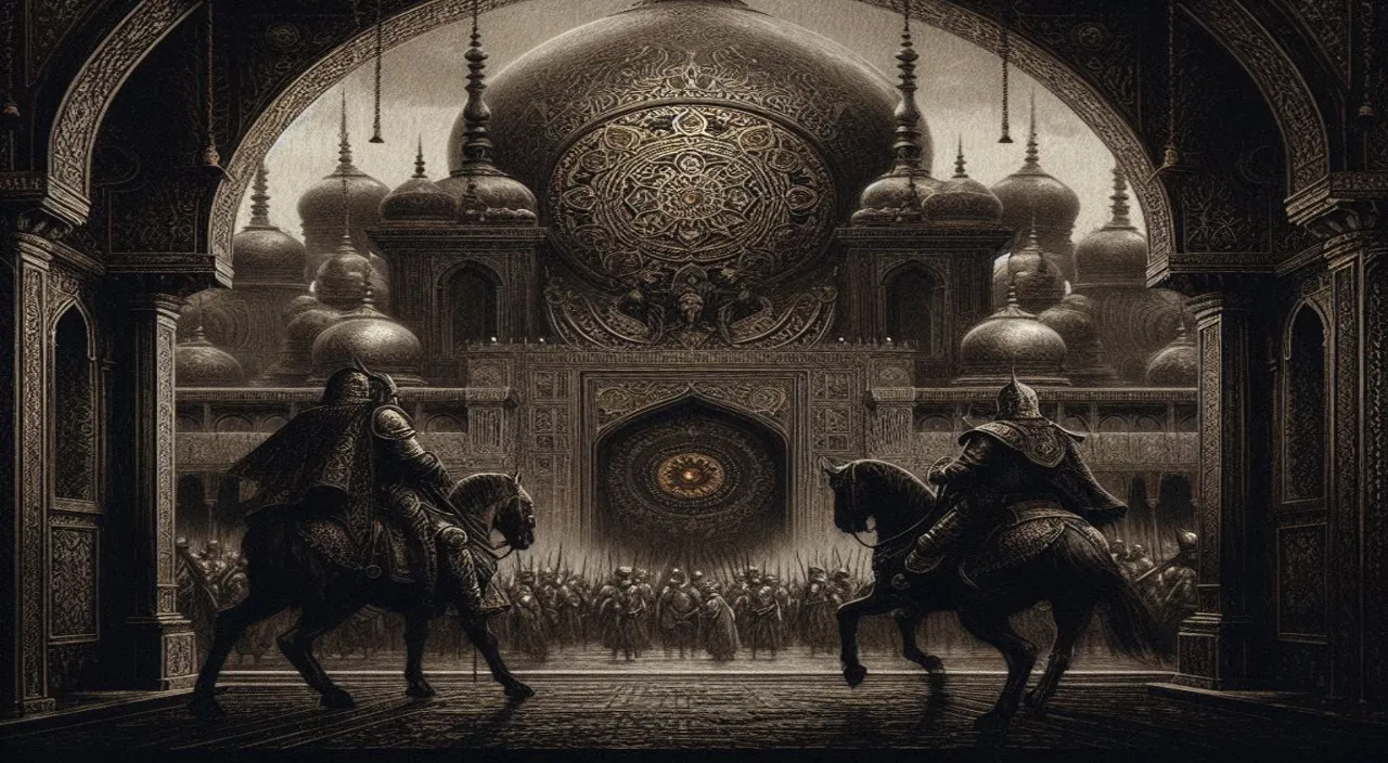 a painting of two men riding horses through a palace