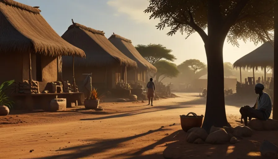 a man sitting on a bench in front of a village