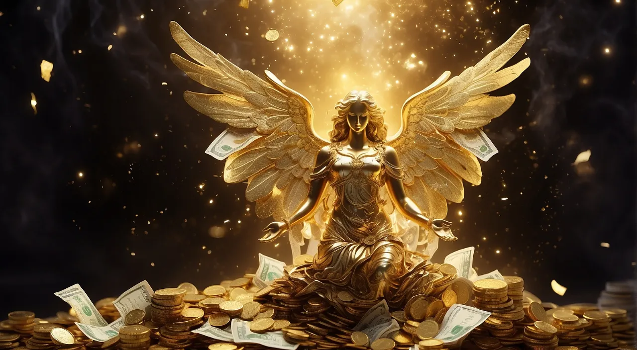 a golden angel sitting on top of a pile of money