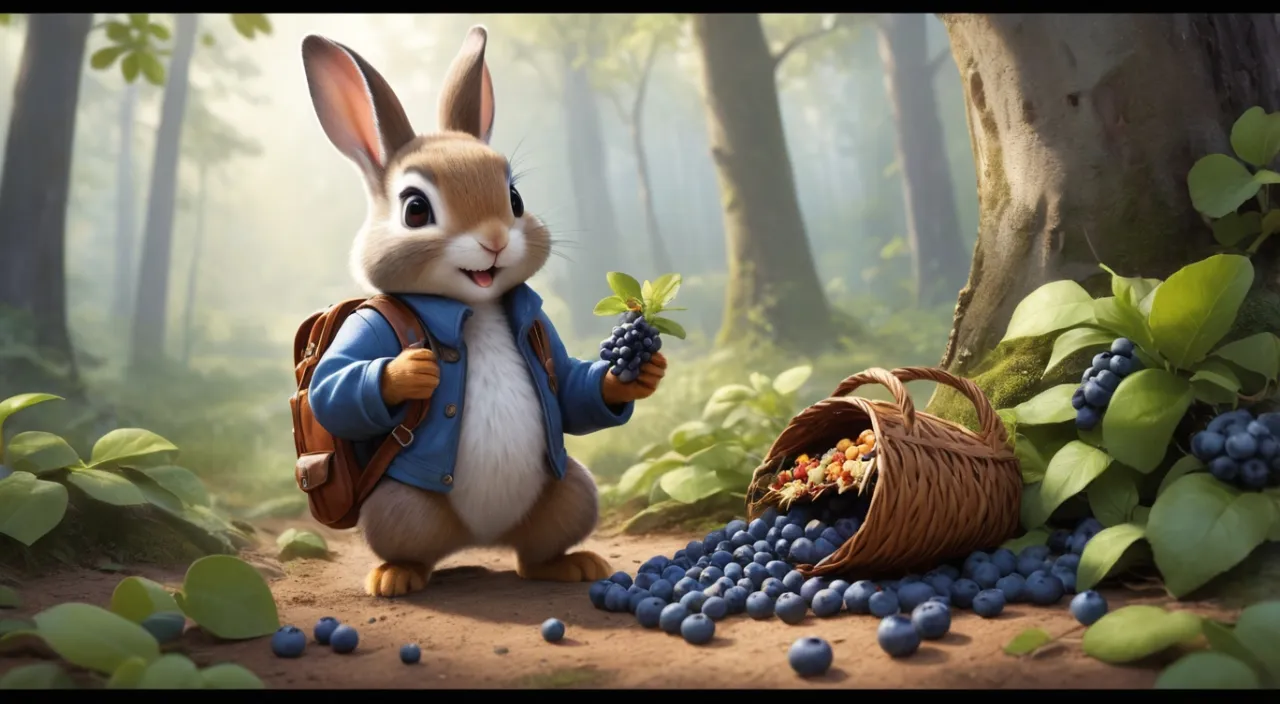 a rabbit holding a basket of blueberries next to a basket of grapes