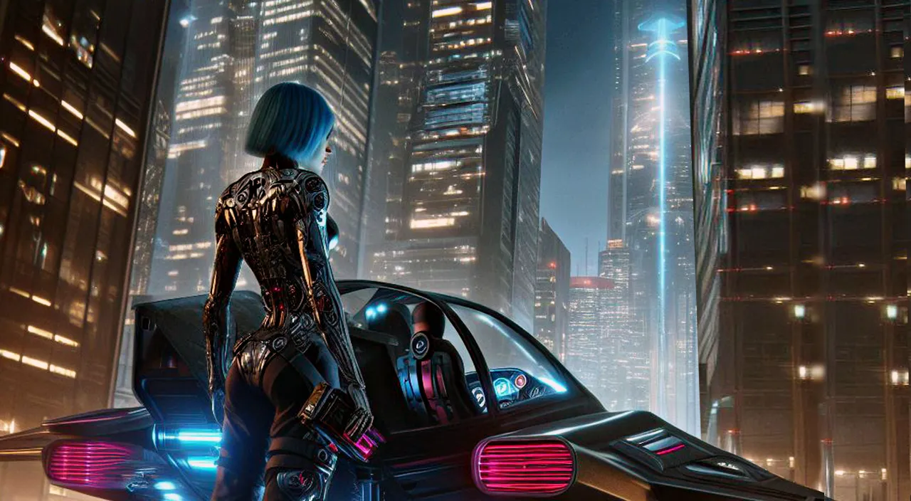 a futuristic woman standing in front of a futuristic car