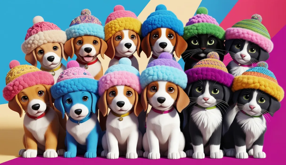 a group of dogs and cats wearing hats