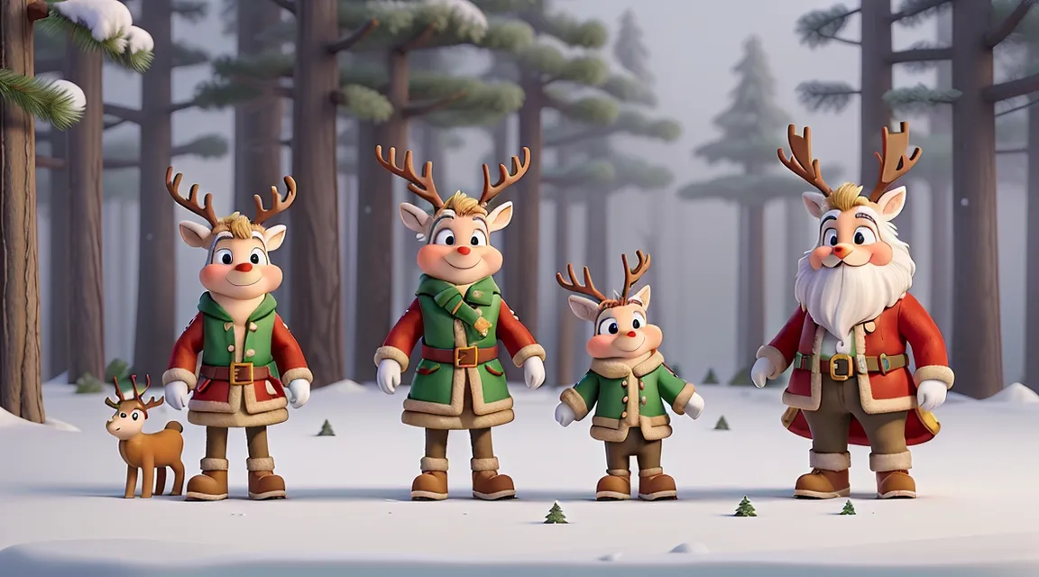 a group of animated reindeer standing next to each other waiting for other reindeers to come from race