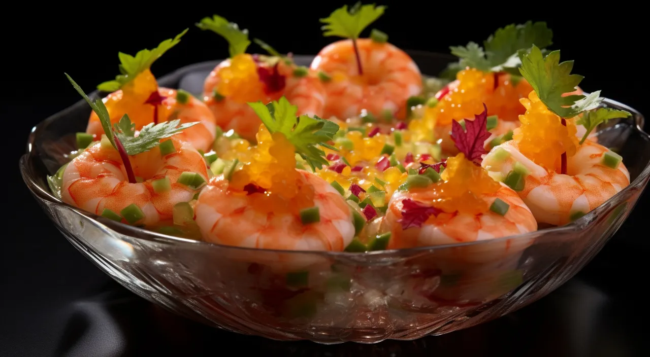 a glass bowl filled with shrimp and garnish