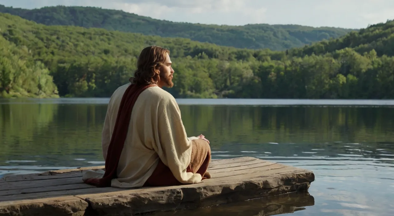 a man sitting on a dock in front of a lake