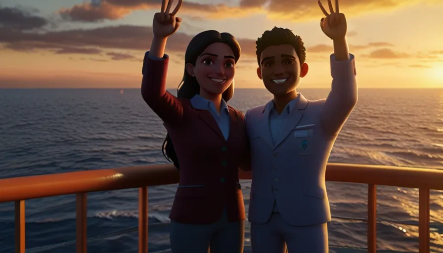 3d cartoons, personality: Ravi and Nisa celebrating a calm and victorious moment at sea. The sun setting in the background should convey a serene atmosphere as they smile and raise their hands in triumph. Their friendship and teamwork should shine through in this scene. Unreal engine, hyper real --q 2 --v 5.2 --ar 16:9