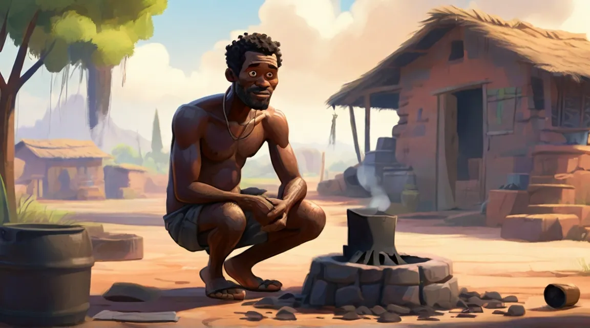 a man kneeling down next to a fire pit, 3d animation