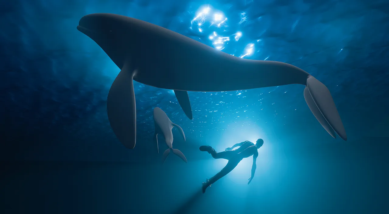 a man swimming under a giant whale in the ocean