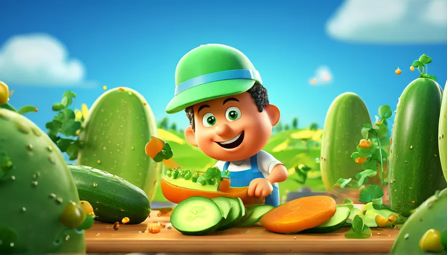 a cartoon character slicing the cucumber in the cucumber field