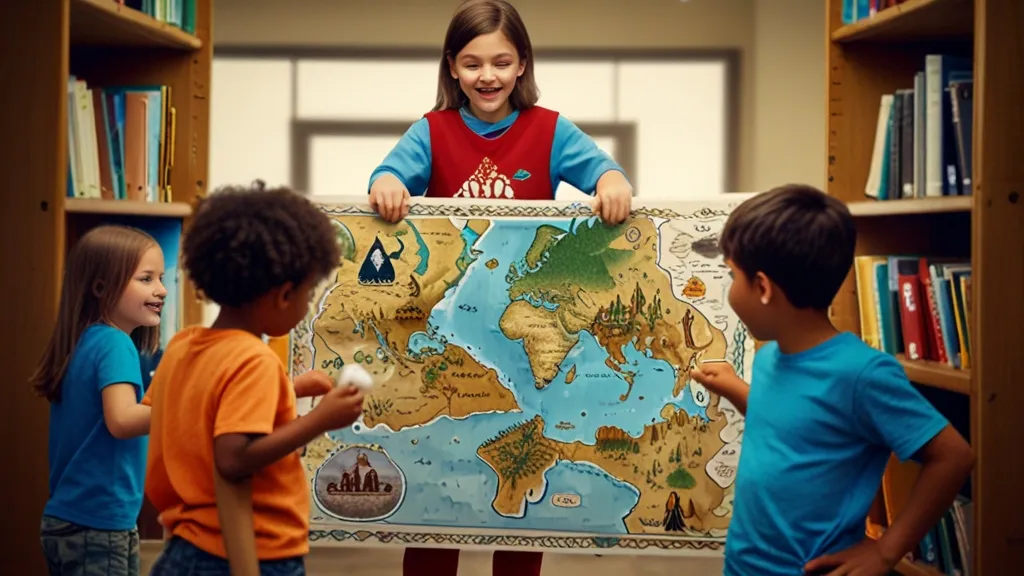 a group of children standing around a map