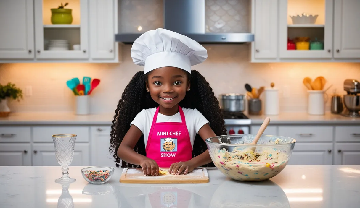 a little girl in a chef's hat is making food